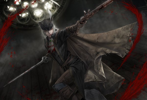 Anime picture 2000x1363 with bloodborne from software lady maria of the astral clocktower jdori single highres short hair holding signed looking away white hair from below outstretched arm dual wielding white eyes girl gloves weapon sword gun