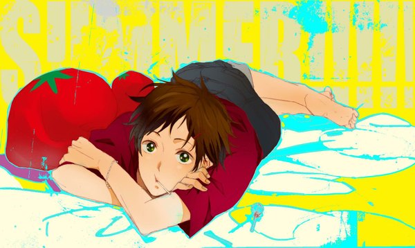 Anime picture 1890x1130 with axis powers hetalia studio deen spain (hetalia) ueda (atsu) highres brown hair wide image green eyes lying barefoot mouth hold boy bracelet