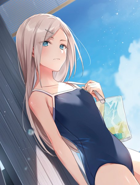 Anime picture 1463x1930 with original zattape single long hair tall image looking at viewer blush fringe blue eyes light erotic standing sky silver hair cloud (clouds) outdoors dutch angle girl swimsuit bobby pin bag