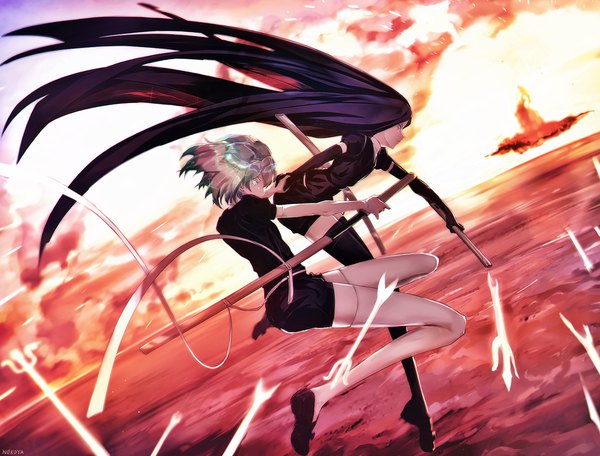 Anime picture 1288x980 with houseki no kuni diamond (houseki no kuni) bort nekoya (liu) long hair black hair silver hair full body very long hair profile shadow holding hands horizon jumping androgynous unsheathing thighhighs gloves uniform weapon