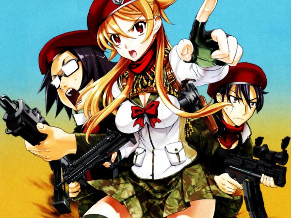 Anime-Bild 1280x960 mit highschool of the dead madhouse miyamoto rei komuro takashi hirano kohta blonde hair girl uniform weapon glasses fingerless gloves gun