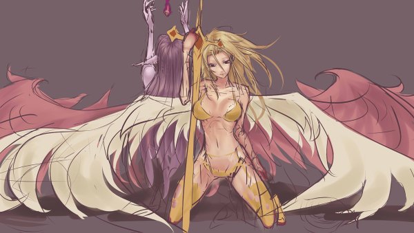 Anime picture 1200x679 with league of legends morgana (league of legends) kayle (league of legends) beanbean1988 long hair breasts light erotic simple background blonde hair wide image multiple girls purple hair pointy ears magic angel wings girl navel underwear panties weapon