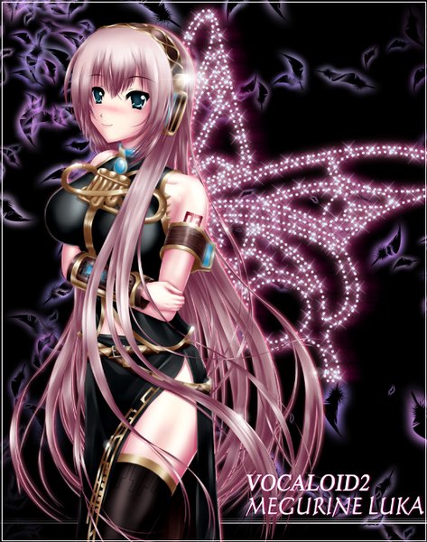 Anime picture 1064x1350 with vocaloid megurine luka nohoho (kakikonchi) single long hair tall image blush blue eyes smile bare shoulders pink hair crossed arms insect wings butterfly wings girl thighhighs black thighhighs headphones feather (feathers)