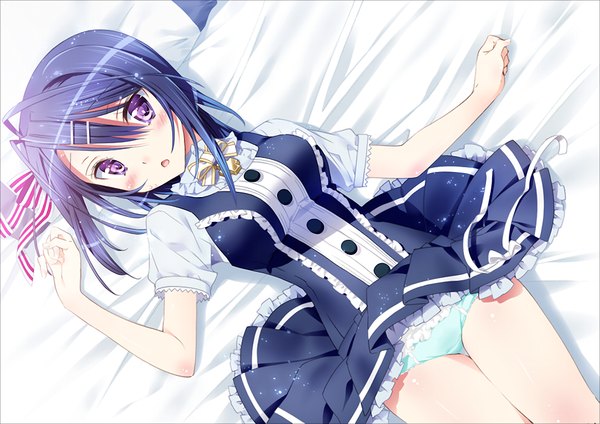 Anime picture 1024x725 with friends (game) single blush short hair open mouth light erotic purple eyes blue hair game cg lying girl uniform hair ornament underwear panties school uniform bobby pin