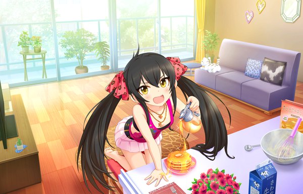 Anime picture 1280x824 with idolmaster idolmaster cinderella girls matoba risa annindoufu (oicon) single long hair looking at viewer blush open mouth black hair twintails yellow eyes payot indoors official art loli kneeling girl skirt flower (flowers)