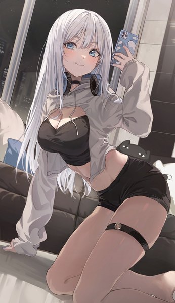 Anime picture 1500x2599 with original 2gong (9ujin ) single long hair tall image looking at viewer blush fringe breasts blue eyes smile cleavage white hair indoors long sleeves barefoot fingernails night mole midriff