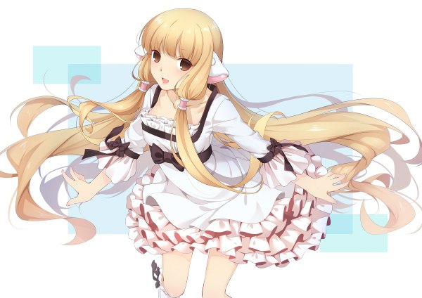 Anime picture 1200x848 with chobits chii ello-chan single long hair looking at viewer open mouth blonde hair white background brown eyes girl dress bow