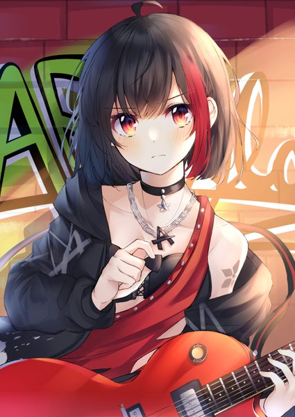 Anime picture 2149x3035 with bang dream! mitake ran yanggang single tall image looking at viewer blush fringe highres short hair black hair hair between eyes red eyes holding upper body ahoge red hair multicolored hair sunlight off shoulder