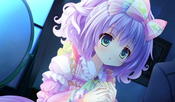Anime picture 1024x600 with koisuru doll to omoi no kiseki ena (koisuru doll to omoi no kiseki) blush short hair blue eyes wide image blue hair game cg loli girl dress bow hair bow frills