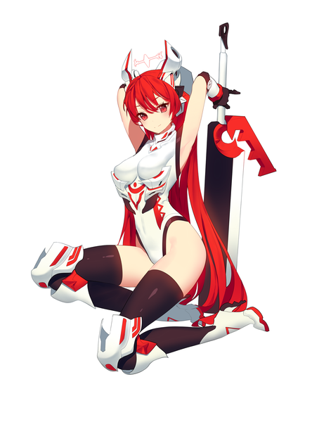 Anime picture 1500x2023 with original ronopu single long hair tall image looking at viewer blush fringe light erotic simple background smile red eyes white background bent knee (knees) red hair arms behind head girl thighhighs gloves weapon