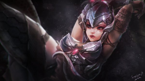 Anime picture 1920x1080 with league of legends caitlyn (league of legends) sanghyunje single long hair highres breasts black hair wide image purple eyes lips lipstick eyebrows arms behind head red lipstick girl armor helmet