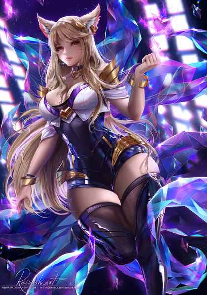 Anime-Bild 900x1283 mit league of legends k/da (league of legends) ahri (league of legends) k/da ahri javier estrada single long hair tall image looking at viewer fringe breasts light erotic blonde hair large breasts standing signed animal ears yellow eyes payot cleavage