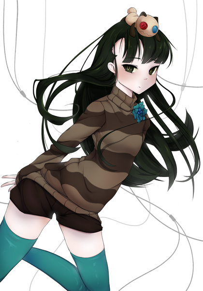 Anime picture 1752x2500 with un-go studio bones sasa kazamori tiribrush single long hair tall image looking at viewer blush fringe highres simple background standing white background green eyes bent knee (knees) blunt bangs long sleeves green hair standing on one leg