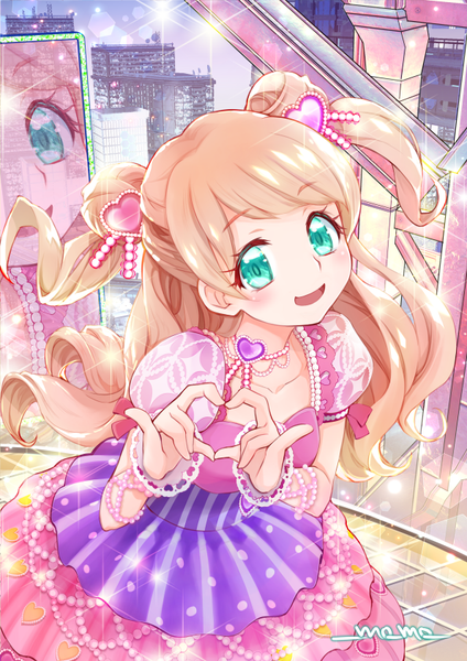 Anime picture 595x842 with kiratto pri chan pretty (series) kanamori maria momocovr single long hair tall image looking at viewer open mouth blonde hair signed :d aqua eyes sparkle hair bun (hair buns) two side up heart hands girl dress hair ornament