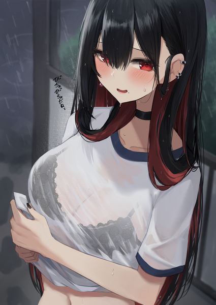 Anime picture 2508x3541 with original amane sora single long hair tall image looking at viewer blush fringe highres breasts open mouth light erotic black hair hair between eyes red eyes large breasts upper body red hair nail polish multicolored hair