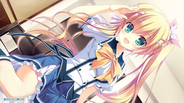 Anime picture 800x450 with d.s. -dal segno- circus (studio) fujishiro noeri single long hair blush fringe open mouth blonde hair hair between eyes wide image green eyes payot game cg dutch angle side ponytail salute 2015 girl uniform