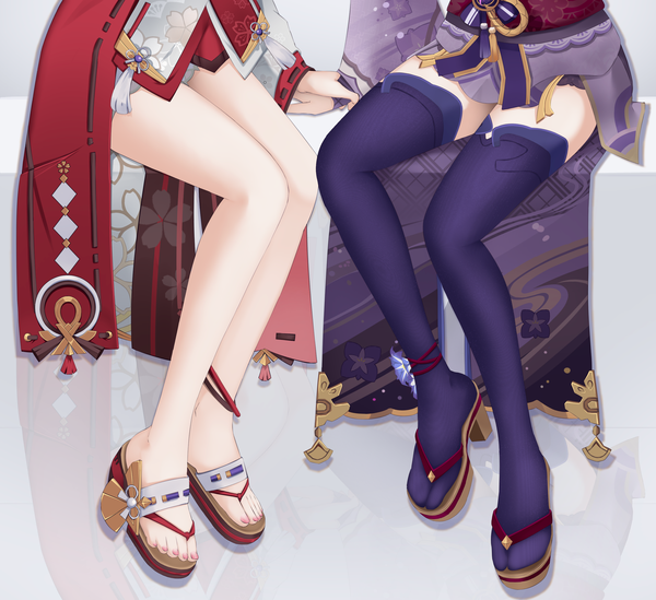 Anime picture 2710x2480 with genshin impact raiden shogun yae miko sylux highres light erotic simple background sitting multiple girls bent knee (knees) traditional clothes japanese clothes arm support bare legs high heels legs head out of frame girl thighhighs black thighhighs