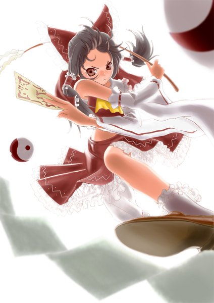 Anime picture 1240x1754 with touhou hakurei reimu manbou (manvow) single long hair tall image black hair simple background white background bare shoulders brown eyes miko yin yang girl skirt bow hair bow detached sleeves socks white socks