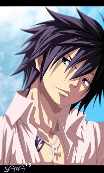 Anime picture 800x1317 with fairy tail gray fullbuster sama15 single tall image short hair blue eyes black hair smile sky cloud (clouds) sunlight open clothes tattoo open shirt coloring boy shirt cross