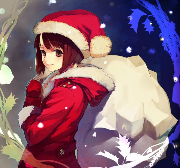 Anime picture 1180x1102 with original shirabi single blush short hair smile brown hair brown eyes fur trim snowing christmas girl fur hood santa claus hat