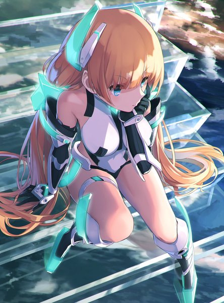 Anime picture 890x1201 with expelled from paradise angela balzac supertie single tall image blue eyes blonde hair sitting twintails looking away sky cloud (clouds) very long hair low twintails glowing chin rest girl gloves detached sleeves black gloves