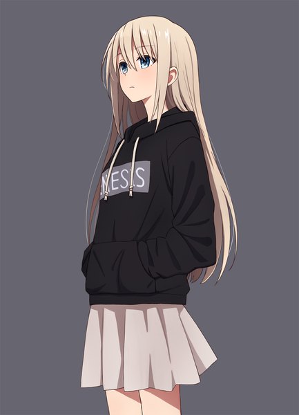 Anime picture 1214x1682 with original yahiro (epicopeiidae) single long hair tall image blush fringe blue eyes simple background blonde hair hair between eyes standing payot looking away pleated skirt grey background expressionless clothes writing hands in pockets girl