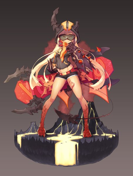 Anime picture 2116x2801 with tenten (pixiv 1600747) single long hair tall image highres simple background blonde hair yellow eyes tail horn (horns) teeth fang (fangs) demon girl demon tail lava volcano girl navel shorts belt