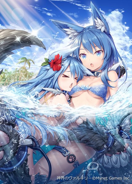 Anime picture 643x900 with shingeki no bahamut shinkai no valkyrie fenrir (shingeki no bahamut) squall (shinkai no valkyrie) akkijin long hair tall image blush fringe breasts open mouth blue eyes light erotic hair between eyes bare shoulders multiple girls animal ears blue hair sky outdoors
