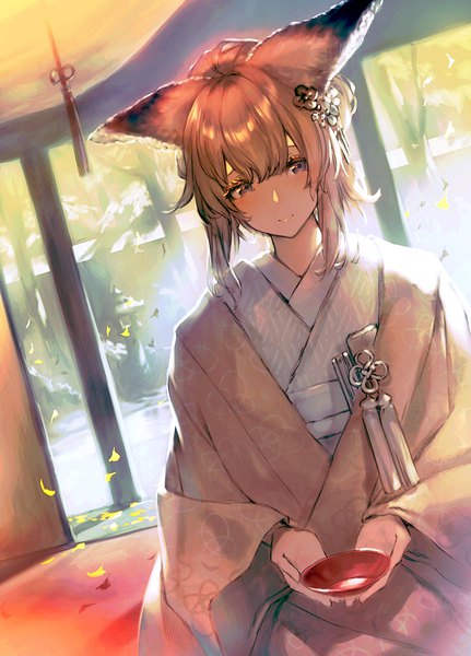 Anime picture 863x1200 with original garuku single tall image looking at viewer fringe short hair hair between eyes brown hair sitting holding animal ears payot indoors traditional clothes japanese clothes hair flower wide sleeves grey eyes dutch angle