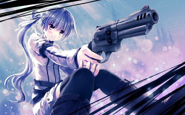 Anime picture 1200x750 with original aruciii single long hair looking at viewer blush purple eyes blue hair side ponytail girl thighhighs weapon black thighhighs jacket boots gun revolver