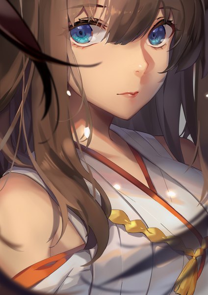 Anime picture 2480x3507 with kantai collection kongou battleship miyazaki byou single long hair tall image looking at viewer fringe highres breasts blue eyes hair between eyes brown hair bare shoulders upper body traditional clothes parted lips japanese clothes lipstick portrait