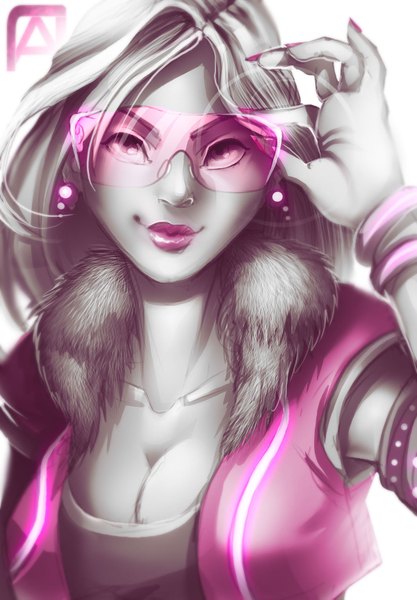 Anime-Bild 1200x1725 mit wildstar (game) pechan (artist) single long hair tall image looking at viewer breasts simple background white background cleavage pink eyes fingernails lips grey hair monochrome partially colored girl earrings glasses bracelet
