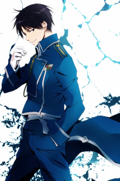 Anime picture 800x1200 with fullmetal alchemist studio bones roy mustang tsukimori usako single tall image short hair black hair smile looking away profile black eyes hand in pocket boy gloves uniform white gloves military uniform