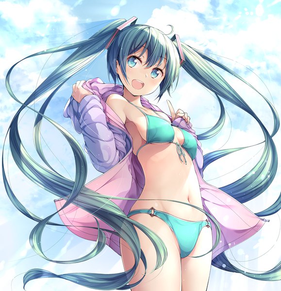 Anime picture 1400x1450 with vocaloid hatsune miku matsuuni single tall image blush fringe breasts open mouth light erotic smile hair between eyes twintails looking away sky cloud (clouds) ahoge outdoors very long hair :d