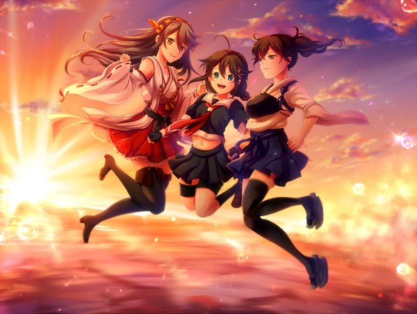 Anime picture 1610x1211 with kantai collection haruna battleship kaga aircraft carrier shigure destroyer karo karo long hair short hair open mouth blue eyes black hair smile multiple girls brown eyes sky cloud (clouds) traditional clothes evening sunset girl thighhighs