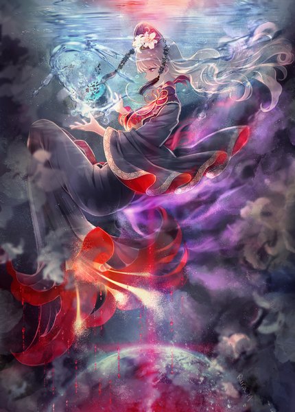 Anime picture 717x1000 with touhou junko (touhou) miyuki ruria single long hair tall image fringe red eyes signed looking away silver hair full body bent knee (knees) blunt bangs traditional clothes profile wide sleeves floating hair magic chinese clothes