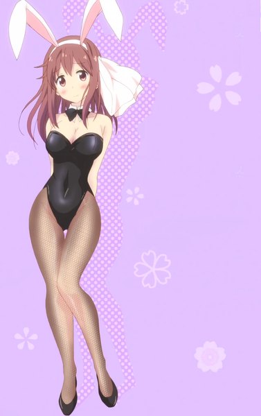 Anime picture 1366x2173 with sakura trick studio deen sonoda yuu single long hair tall image looking at viewer blush breasts light erotic brown hair large breasts standing bare shoulders brown eyes animal ears scan bunny ears pink background girl
