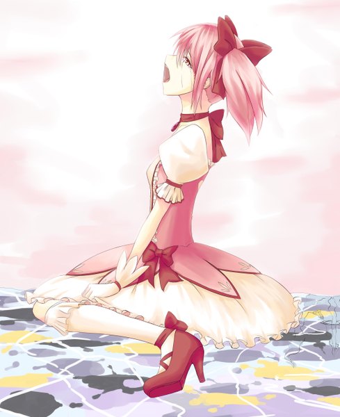 Anime picture 2149x2635 with mahou shoujo madoka magica shaft (studio) kaname madoka kauto single tall image blush highres short hair open mouth sitting twintails pink hair absurdres pink eyes kneeling short twintails crying magical girl sad