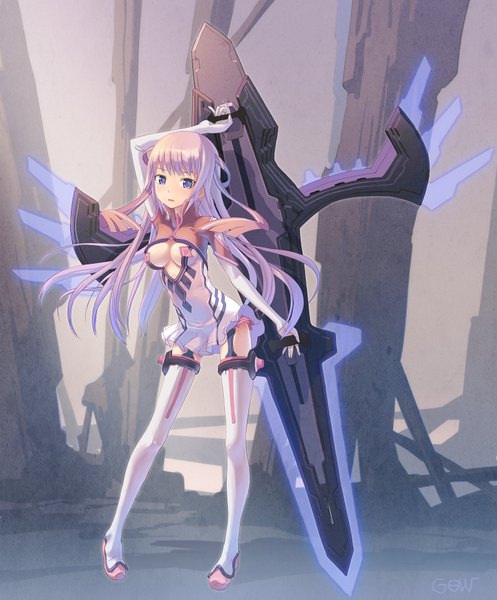 Anime picture 1600x1933 with original tougetsu gou single long hair tall image blue eyes pink hair girl thighhighs weapon huge weapon