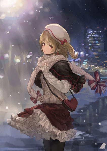 Anime picture 848x1200 with touhou flandre scarlet you shimizu single tall image looking at viewer blonde hair red eyes standing signed outdoors long sleeves pointy ears night alternate costume one side up city snowing snow frilly skirt