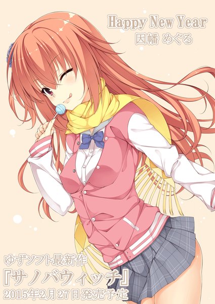 Anime picture 640x904 with sanoba witch yuzusoft inaba meguru nanahosi seiiki (artist) single long hair tall image blush smile red eyes pink hair pleated skirt one eye closed wink inscription one side up hieroglyph new year happy new year girl