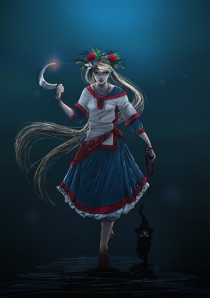 Anime picture 1240x1754 with bishoujo senshi sailor moon toei animation tsukino usagi sailor moon luna (sailor moon) odrobinka tall image blue eyes blonde hair simple background twintails holding very long hair barefoot alternate costume dark background walking frown dirty girl