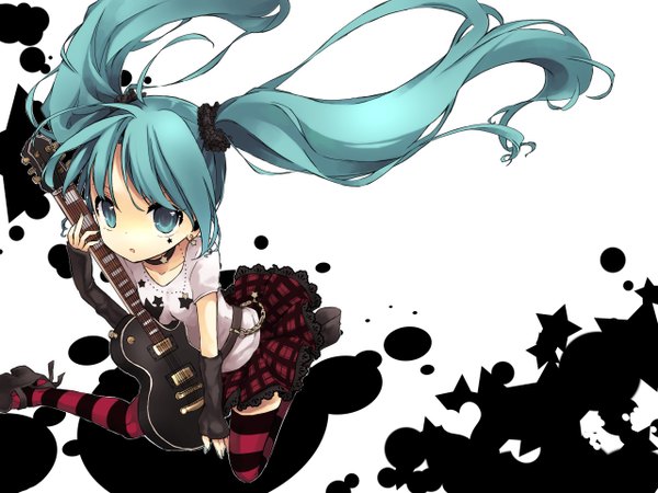 Anime picture 1280x960 with vocaloid hatsune miku green eyes green hair girl thighhighs striped thighhighs guitar