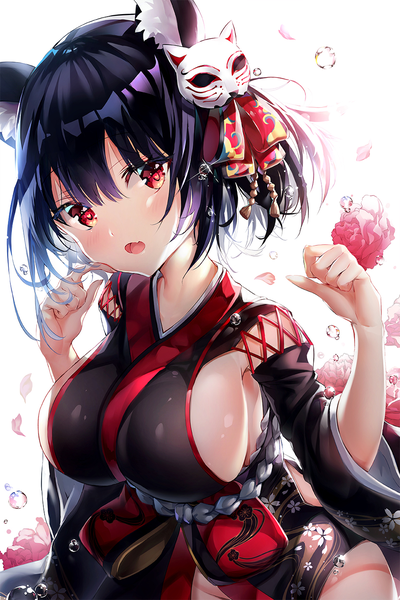 Anime picture 960x1440 with azur lane yamashiro (azur lane) narae single tall image looking at viewer blush fringe short hair breasts open mouth light erotic black hair simple background hair between eyes red eyes large breasts white background animal ears traditional clothes