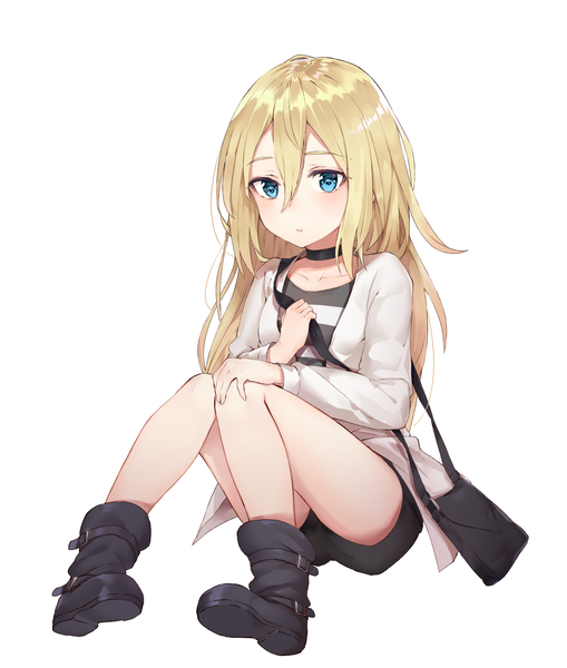 Anime picture 1920x2264 with satsuriku no tenshi ray (satsuriku no tenshi) black cola single long hair tall image blush fringe highres blue eyes simple background blonde hair hair between eyes white background sitting looking away full body long sleeves open clothes open jacket