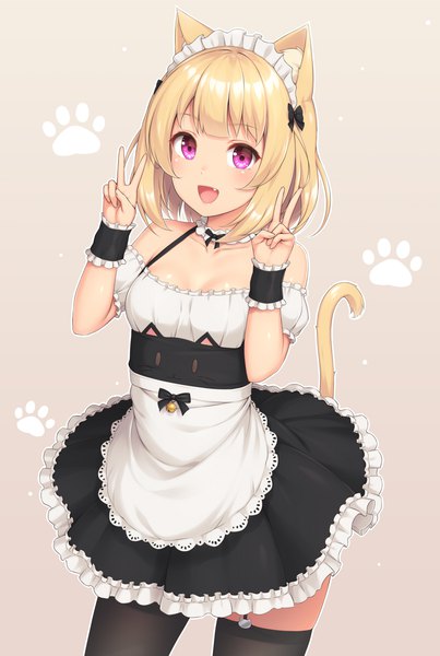 Anime picture 800x1190 with original sasaame single tall image looking at viewer blush fringe short hair breasts open mouth simple background blonde hair smile standing bare shoulders animal ears tail blunt bangs :d animal tail