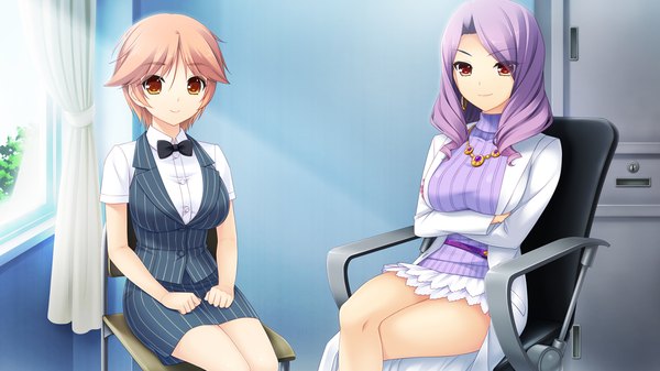 Anime picture 1280x720 with saimin enbu sayori long hair looking at viewer short hair red eyes brown hair wide image sitting multiple girls brown eyes game cg purple hair girl dress 2 girls