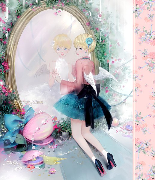 Anime picture 1000x1159 with original dadachyo single tall image short hair blue eyes blonde hair profile high heels kneeling reflection black wings white wings different reflection girl dress skirt flower (flowers) bow earrings