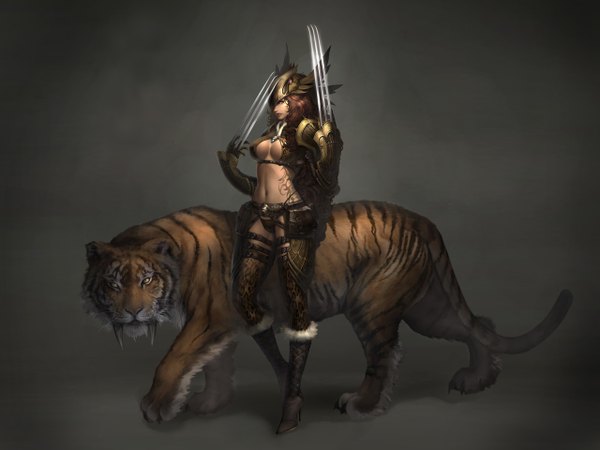 Anime picture 2560x1920 with atlantica online long hair highres simple background brown hair brown eyes teeth midriff fang (fangs) tattoo fantasy girl weapon mask claws tiger