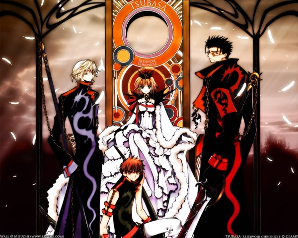 Anime picture 1280x1024 with tsubasa reservoir chronicle clamp sakura hime syaoran fay d flourite kurogane looking at viewer short hair black hair blonde hair brown hair brown eyes signed multiple boys girl boy weapon crown 3 boys throne